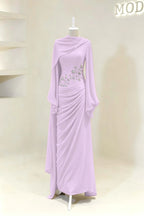 Cocoslly Long Sleeves High Waist Long Prom Dress With Pleated And Beading Pearls | Cabemet Chiffon ZA0710