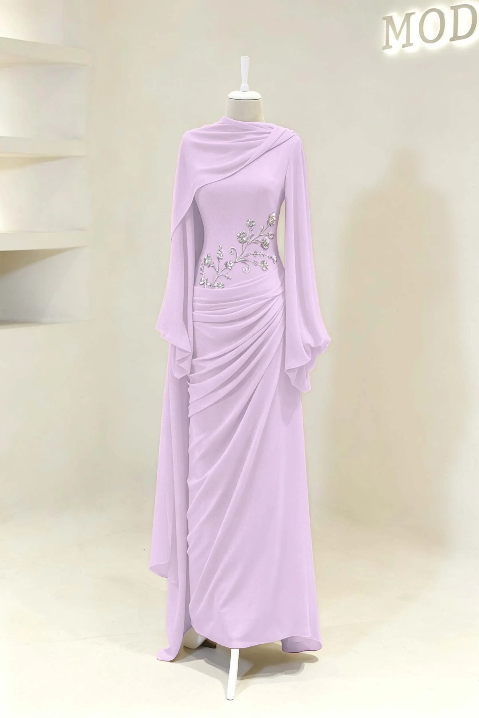 Cocoslly Long Sleeves High Waist Long Prom Dress With Pleated And Beading Pearls | Cabemet Chiffon ZA0710