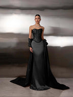Satin Strapless Sleeveless Long Mermaid Prom Dress With Ruffles And Sequins YK0759