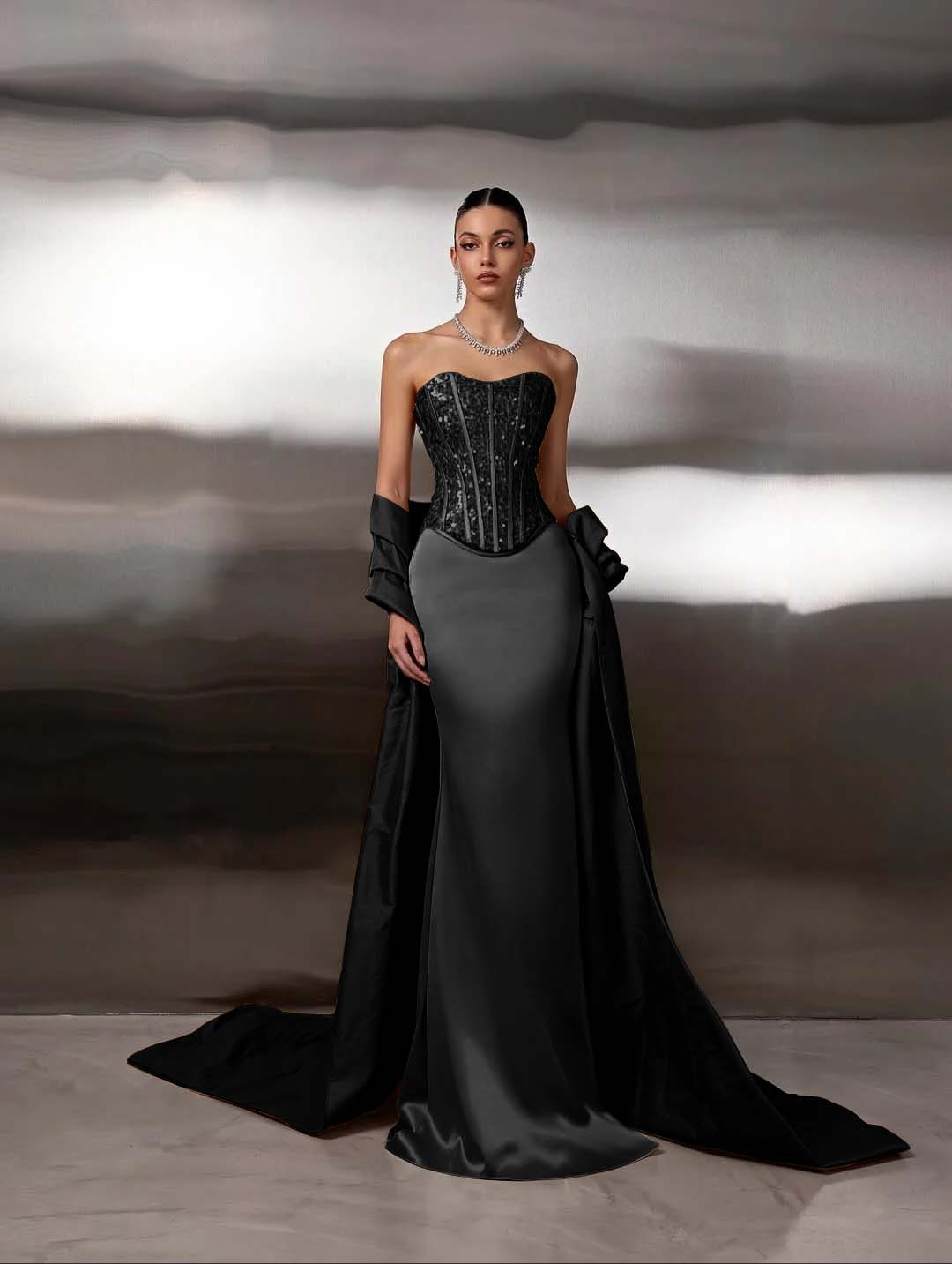 Satin Strapless Sleeveless Long Mermaid Prom Dress With Ruffles And Sequins YK0759