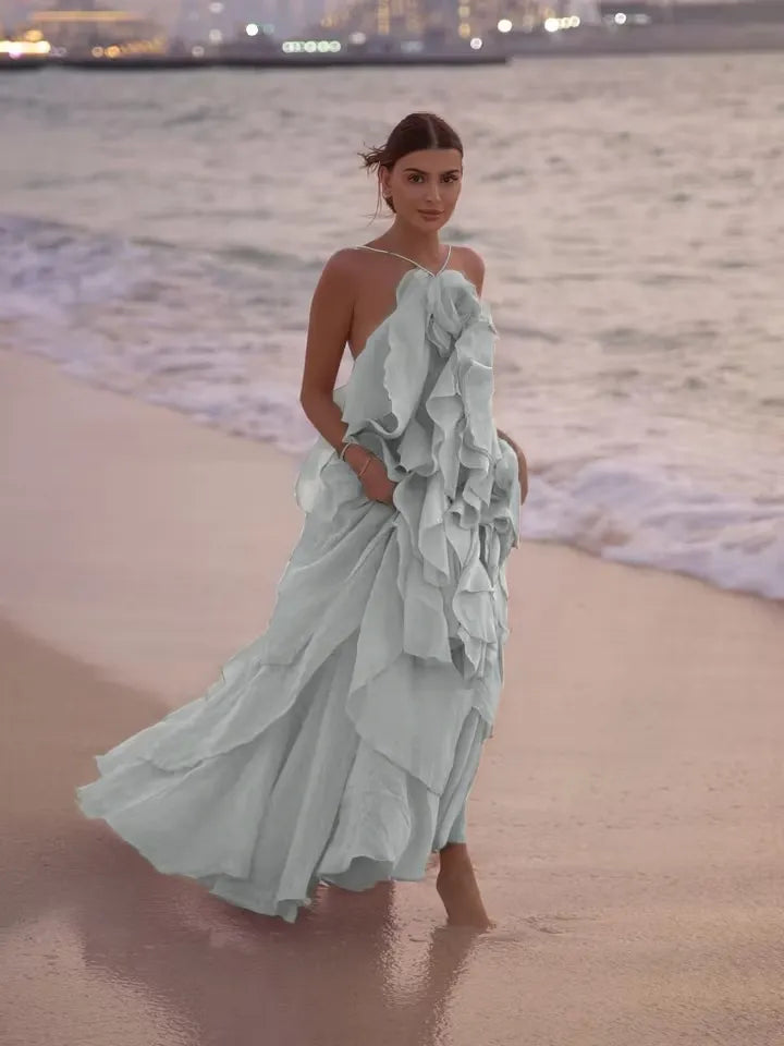 Cocoslly Halter Sleeveless High Waist Long Prom Dress With Ruffles | Lilac Chiffon LX0092
