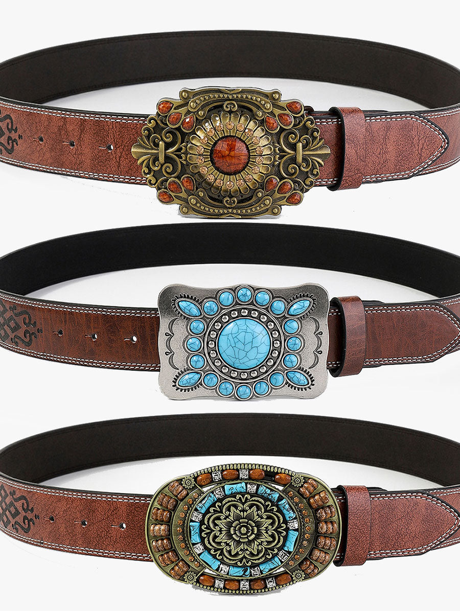 Casual Vintage Gem Flower Decorated PU Leather Belt
