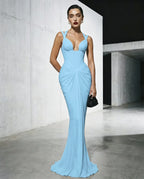 Cocoslly Spaghetti Straps Sleeveless High Waist Long Mermaid Prom Dress With Pleated | Red Satin LX0112