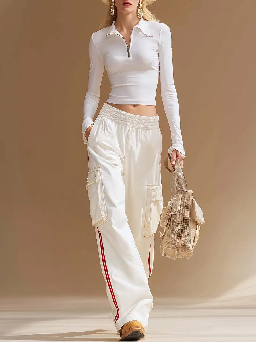 Sporty White Half-Zip Collared Long-Sleeve Crop Top And Red-Stripe Cargo Wide-Leg Pants Set