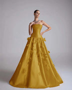 Satin Strapless Sleeveless Long A-Line Prom Dress With Flower Appliqués And Beadings YK0682