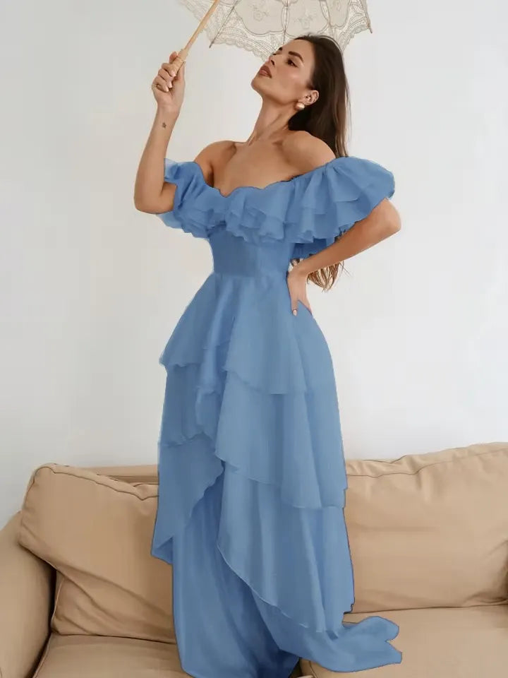 Cocoslly Off-The-Shoulder Sleeveless High Waist Long Prom Dress With Ruffles | White Chiffon LX0115