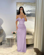 Cocoslly Satin Off-The-Shoulder Sleeveless Long Prom Dress With Pleated
