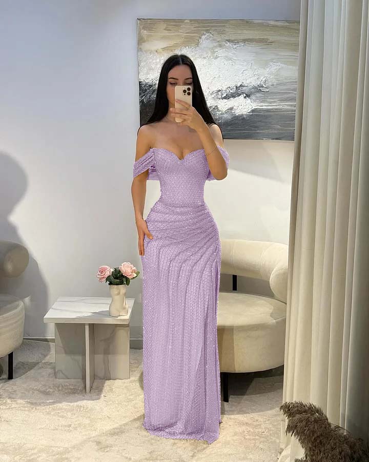 Cocoslly Satin Off-The-Shoulder Sleeveless Long Prom Dress With Pleated