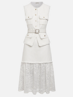 Women White Buckle Lace Crew Neck Tweed Sleeveless Dressy Top With Skirt Two-Piece Set