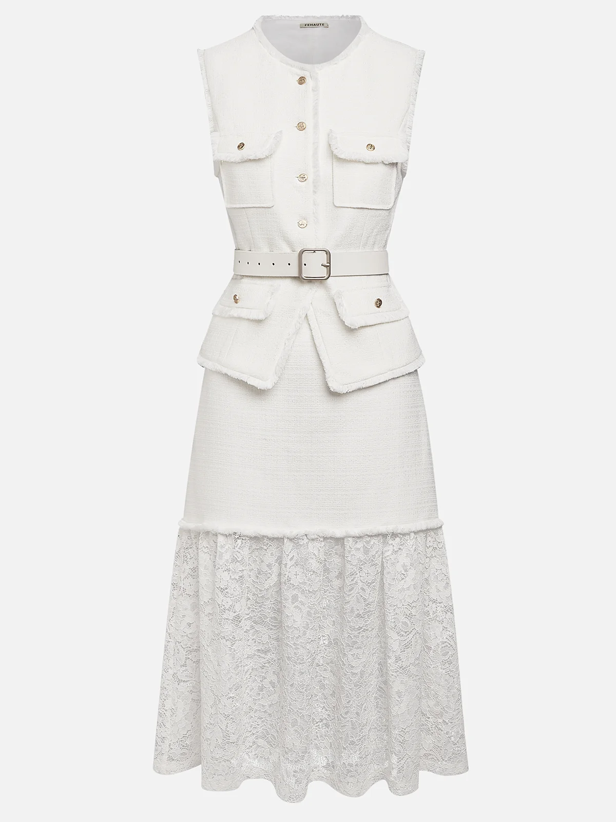 Women White Buckle Lace Crew Neck Tweed Sleeveless Dressy Top With Skirt Two-Piece Set