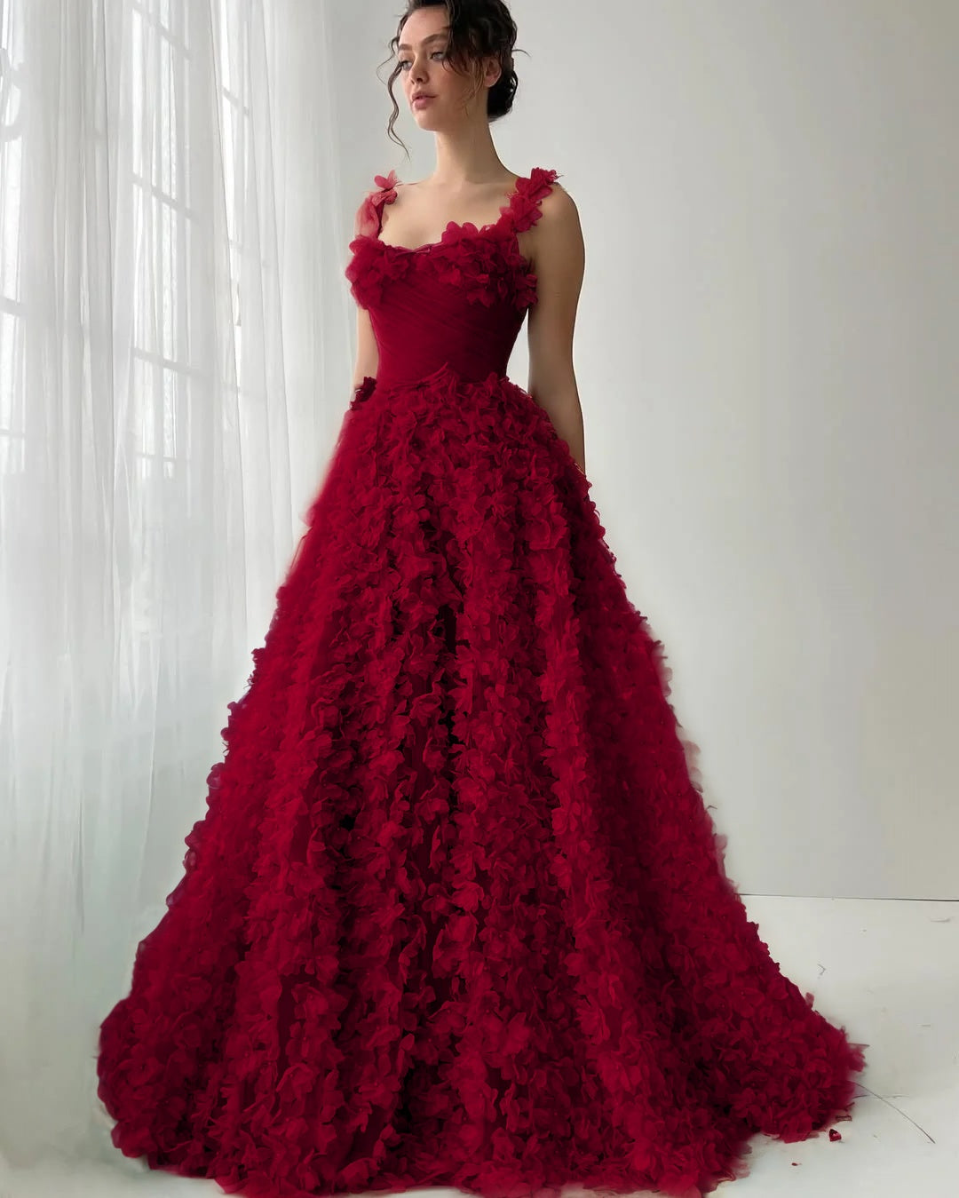 Tulle Square Neck Spaghetti Straps Sleeveless Long A-Line Prom Dress With Flower Appliques YK0613