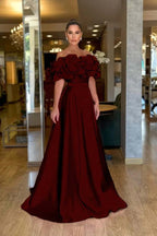 Satin Off-The-Shoulder Strapless High-Waisted Long A-Line Prom Dress With Ruffles JQ0425