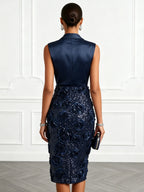 Purplish Blue 3D Floral Glitter Classic V Neck Sleeveless Sheath Midi Dress
