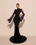 High Neck Lace Long Sleeves Long Mermaid Prom Dress With Pleated YK0572