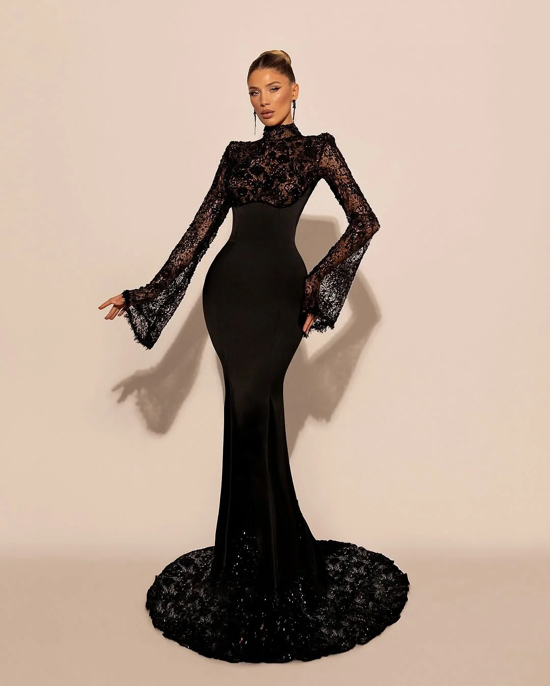 High Neck Lace Long Sleeves Long Mermaid Prom Dress With Pleated YK0572