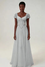 Cocoslly Short Sleeves High Waist Long Prom Dress With Rhinstone | Blushing Pink Chiffon LR0376