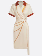 Apricot Wrap Dress Shirt Collar Short Sleeve Sheath Midi Dress