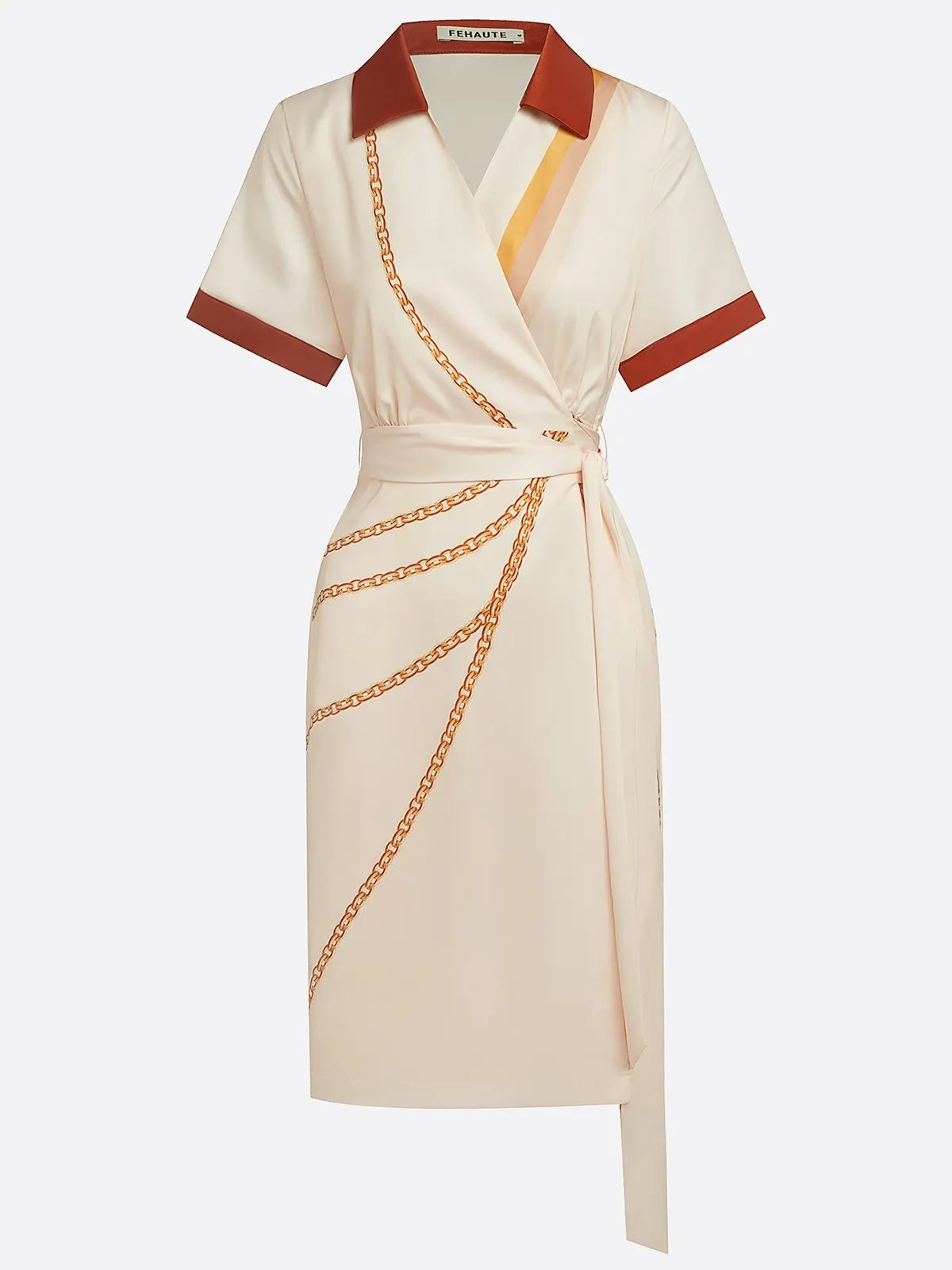 Apricot Wrap Dress Shirt Collar Short Sleeve Sheath Midi Dress