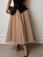 Light Khaki Pleated Asymmetrical Boat Neck Top with Skirt Two-Piece Set With Belt