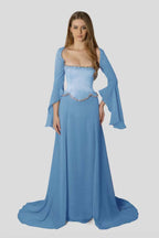 Chiffon Long Sleeves Long Mermaid Prom Dress With Beading Pleated WQ0386