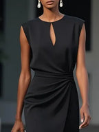 Black Ruched Cut Out Classic Crew Neck Cap Sleeve Sheath Midi Dress