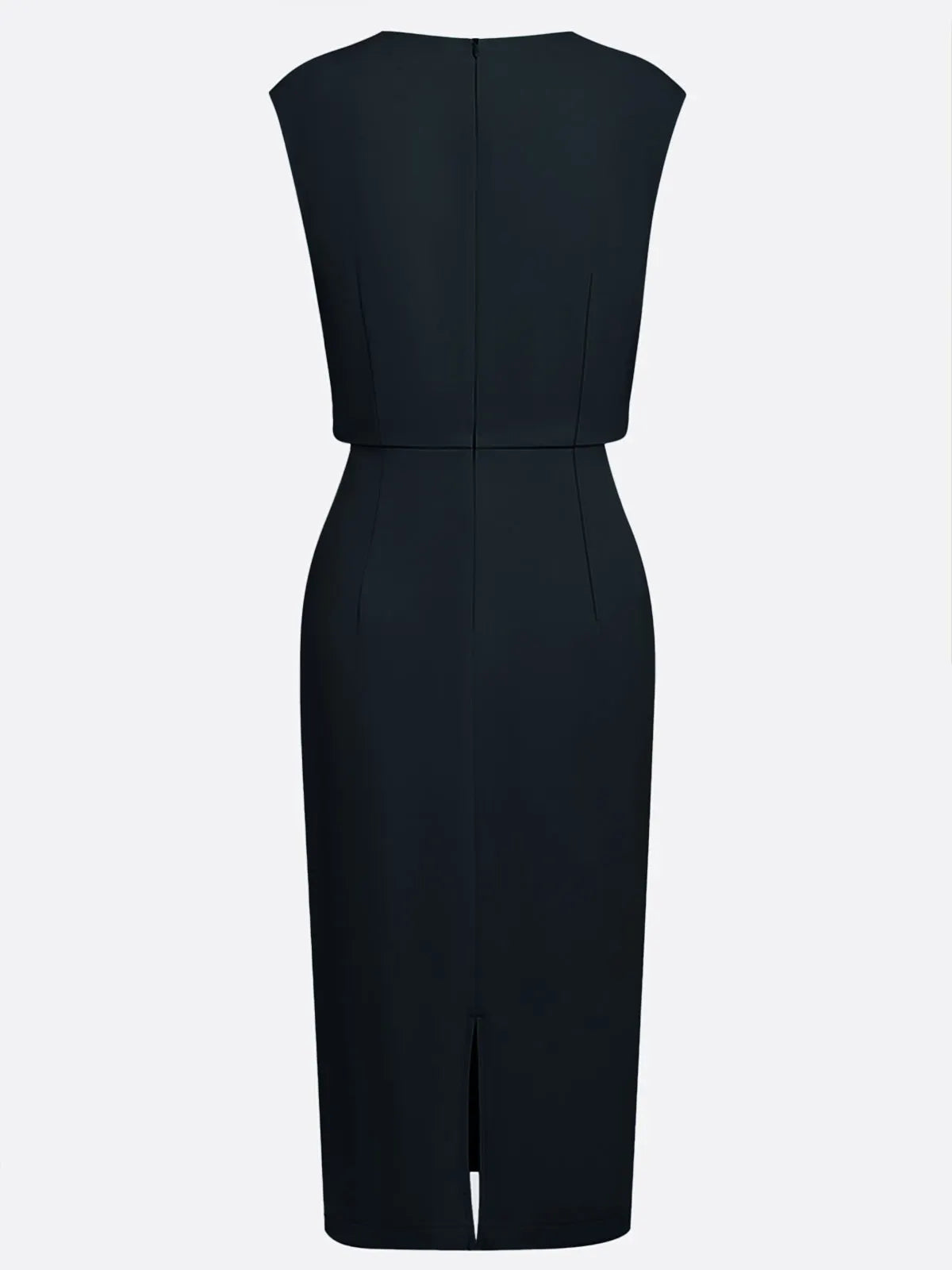 Black Ruched Cut Out Classic Crew Neck Cap Sleeve Sheath Midi Dress