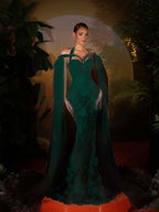 Tulle Halter V-Neck Off-The-Shoulder Sleeveless Long Mermaid Prom Dress With Flowers And Beadings YK0774