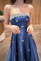 Cocoslly Strapless Sleeveless High Waist Long A Line Prom Dress With Rhinstone | Navy Blue Satin JZ0146