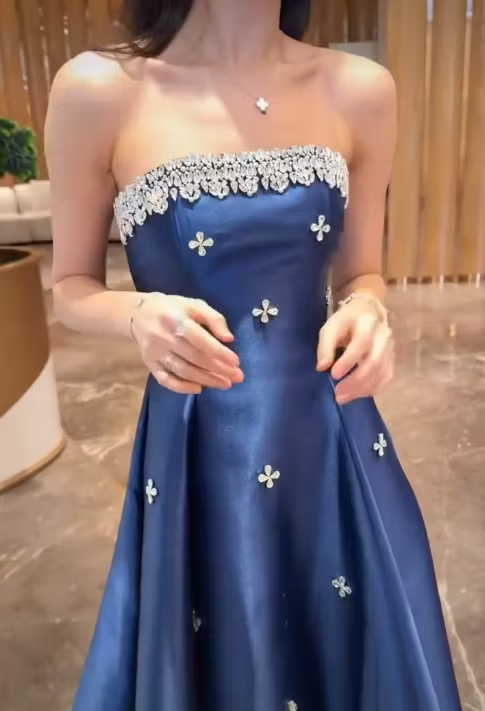 Cocoslly Strapless Sleeveless High Waist Long A Line Prom Dress With Rhinstone | Navy Blue Satin JZ0146