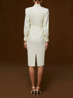 Off White Bow Classic Crew Neck Long Sleeve Sheath Midi Dress