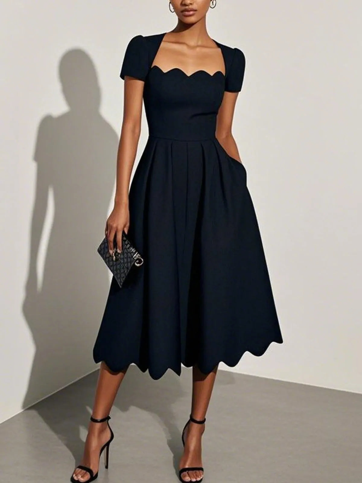 Black Asymmetric Classic Scalloped Square Neck Short Sleeve A-Line Midi Dress