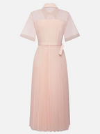 Pink Pleated Classic Shirt Collar Short Sleeve A-Line Midi Dress