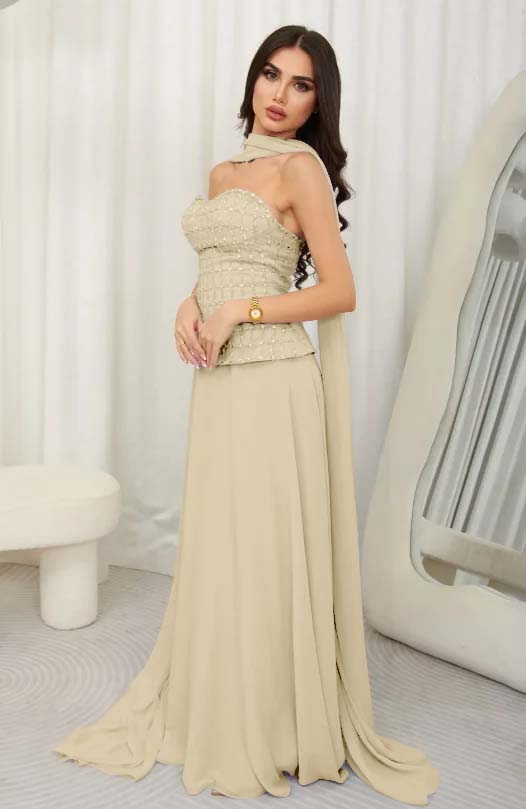 Cocoslly Strapless Sleeveless High Waist Long Prom Dress With Rhinstone And Scarf | Lilac Chiffon JZ0099