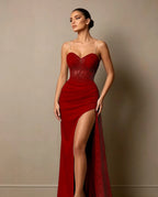 Cocoslly Spaghetti Straps Sleeveless High Waist Long Prom Dress With Split And Beading Pearls | Dark Green Satin LX0098