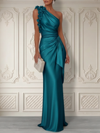 Champagne 3D Floral Ruched Satin One Shoulder Sleeveless Sheath Floor-length Gown Dress