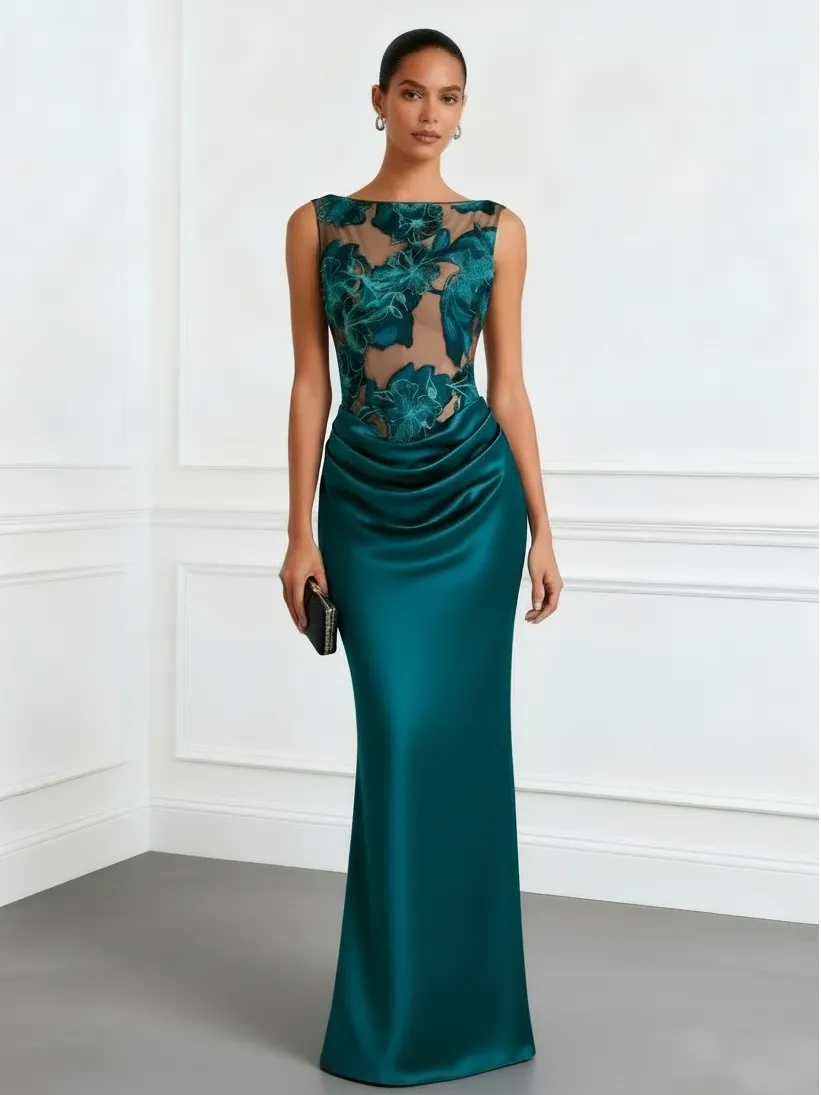 Cyan Jacquard Ruched Satin Boat Neck Sleeveless Sheath Floor-length Gown Dress