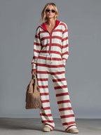 Retro Sporty Red Striped Hooded Half-Zip Wide-Leg Jumpsuit