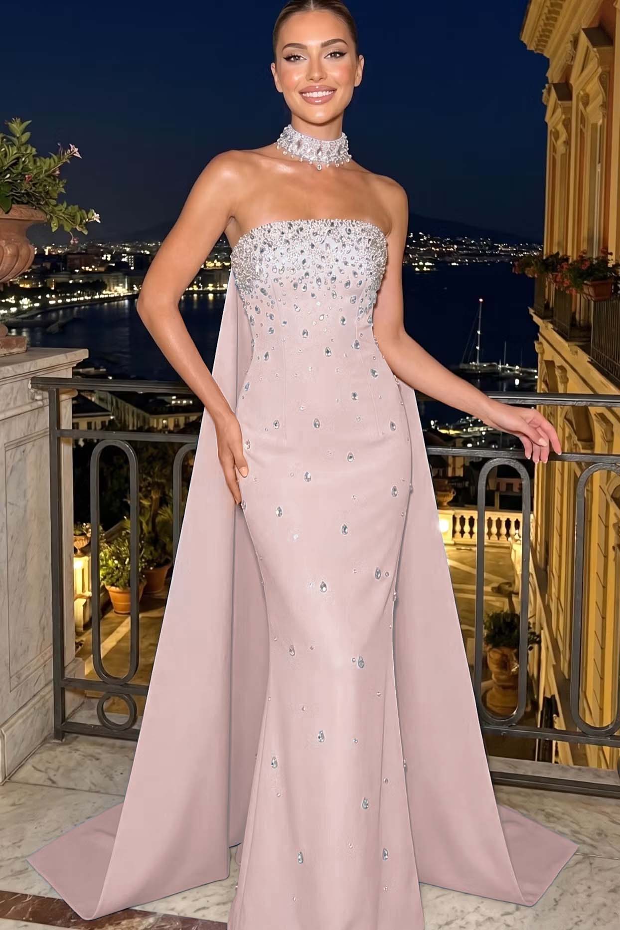 Cocoslly Strapless Sleeveless High Waist Long Mermaid Prom Dress With Rhinstone | Blue Satin YC0546