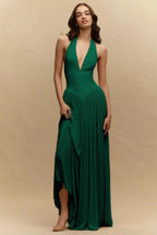 Cocoslly Halter V-Neck Sleeveless High Waist Long Prom Dress | Blushing Pink Chiffon YC0573