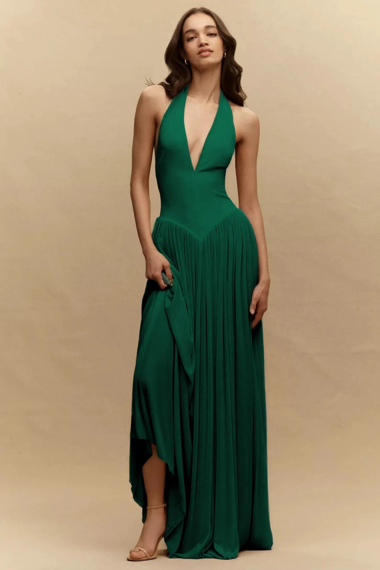 Cocoslly Halter V-Neck Sleeveless High Waist Long Prom Dress | Blushing Pink Chiffon YC0573