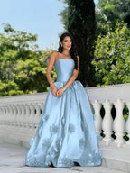 Satin Strapless Sleeveless Long A-Line Prom Dress With Flower Appliques And Pleated YK0617