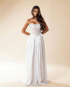 Strapless Sleeveless Long Pleated A-Line Prom Dress With Beadings And Rhinstone YK0781