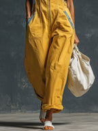 Western Retro Blue And Yellow Denim Vest-style Zip-up Jumpsuit