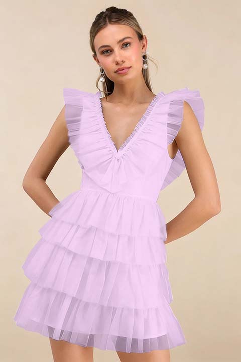 Cocoslly V-Neck Wide Straps Sleeveless Short A-Line Pleated Prom Dress With Ruffles | Black Tulle ZA0212