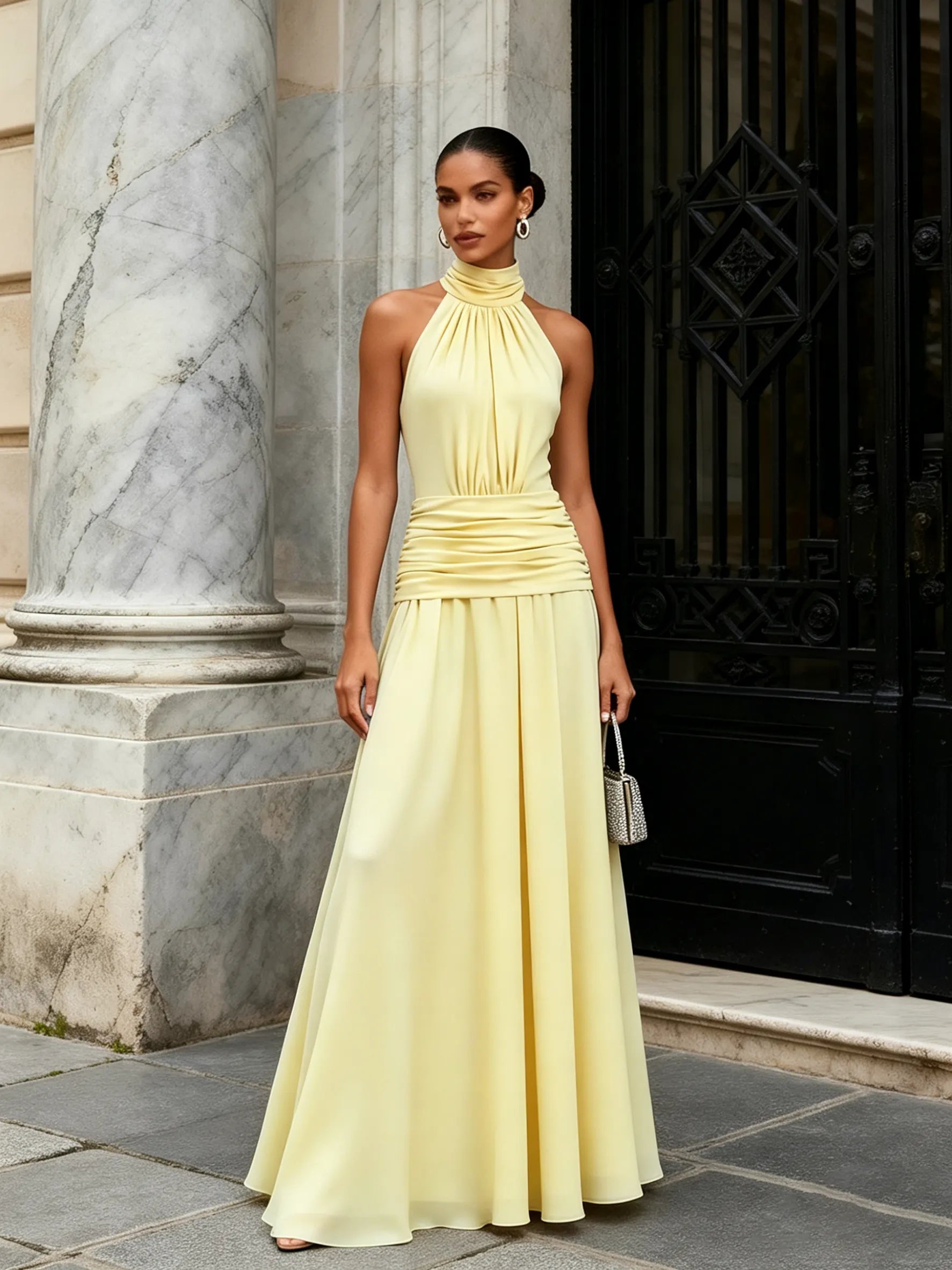 Yellow Ruched Chiffon Halter Neck Sleeveless A-Line  Gown Dress