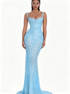 Cocoslly Spaghetti Straps Sleeveless High Waist Long Mermaid Prom Dress With Beading Pearls | Nude Champage Sequins JZ0120