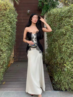 Cocoslly Strapless Sleeveless High Waist Long Mermaid Prom Dress With Long Gloves | White And Black Satin CO0122