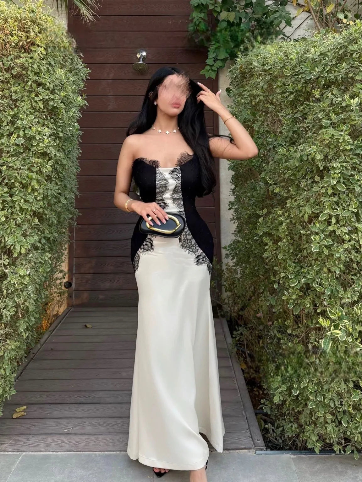 Cocoslly Strapless Sleeveless High Waist Long Mermaid Prom Dress With Long Gloves | White And Black Satin CO0122