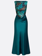 Cyan Jacquard Ruched Satin Boat Neck Sleeveless Sheath Floor-length Gown Dress
