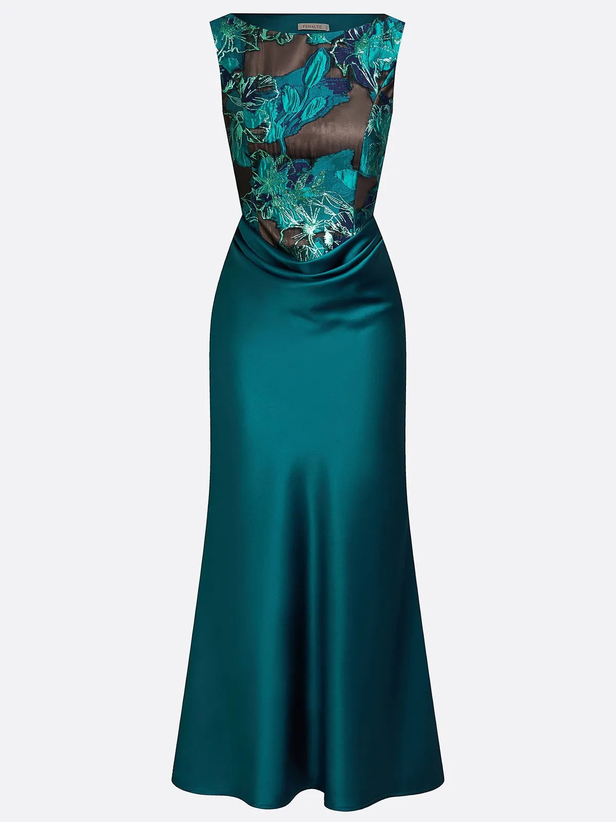 Cyan Jacquard Ruched Satin Boat Neck Sleeveless Sheath Floor-length Gown Dress